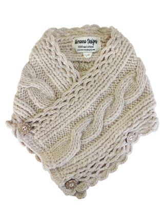 A cream-colored hand-knit Soft Wool Rib Knit Pretty Neck Warmer with cable patterns and decorative buttons, made from Merino wool.