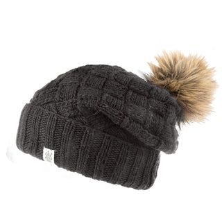 A handmade black Hope Slouch with a fur pom and a knit cable design.