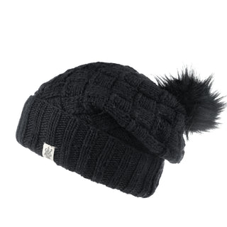 A black Hope Slouch with a fur pom pom and a knit cable design.