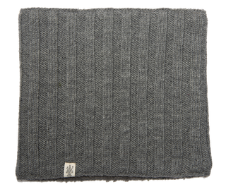 A grey, 100% wool ribbed neckwarmer on a white surface.