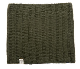 A ribbed neckwarmer in olive green.