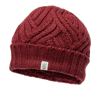 A red wool knit Journey Rib Fold Beanie with a white label.