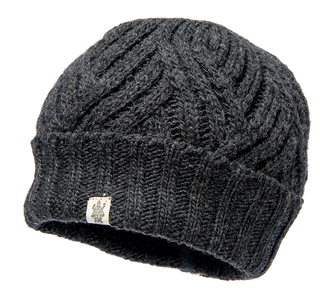 A Journey Rib Fold Beanie with a white label.