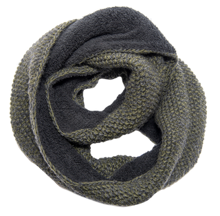 A handmade green and black Sherpa Lined Infinity Scarf on a white background.