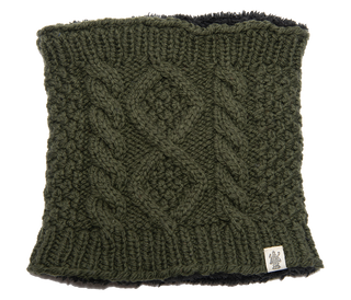 A green Margins Neckwarmer with a cable knit pattern, merino wool material, and a small label on the bottom edge.