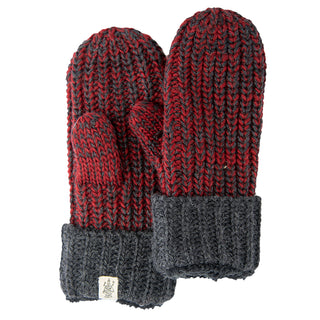 A pair of Ziggy Mittens handmade in Nepal with red and black yarn and grey cuffs.