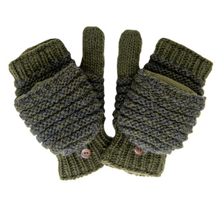 A pair of Speckle Knit Mittens, knitted in olive green design.