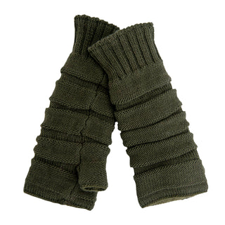 A pair of Reverse Step Handwarmers in green wool on a white background.