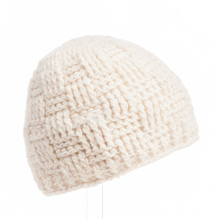 A white Shingle Crochet Beanie with a fleece lining on a mannequin.