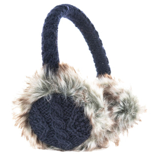 A pair of Cable Knit Adjustable Earmuffs with faux fur featuring wireless charging.