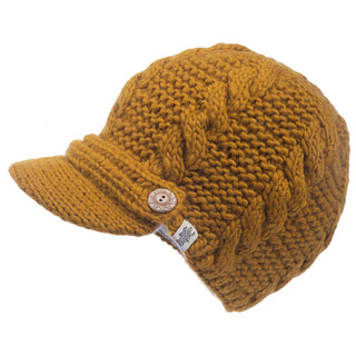 A lightweight Equestrian Hat knitted hat with a button.