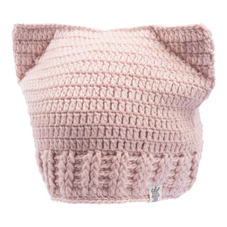 Sentence with Product Name: A pink wool knitted beanie ear hat handmade in Nepal, isolated on a white background.