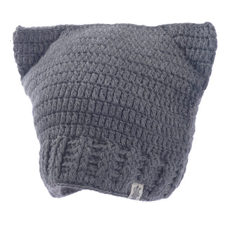 Sentence with product name: A gray wool knitted beanie ear hat isolated on a white background, handmade in Nepal.