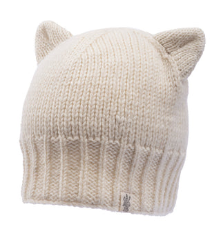 A handmade wool Kitty ear hat on a white background.