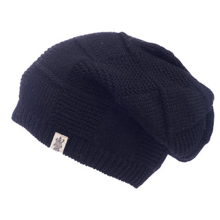 A black wool beanie with a Checkered Slouch pattern on a white background.