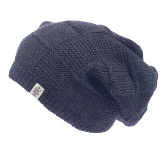 A black wool beanie with a Checkered slouch pattern on a white background.