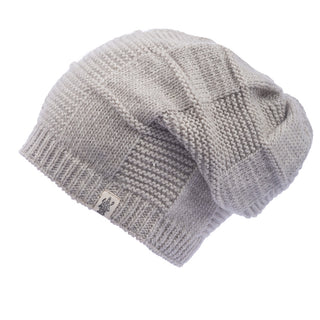 A grey wool knit beanie with a Checkered slouch pattern on a white background.