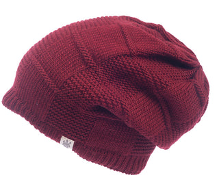 A burgundy wool knitted beanie with a Checkered slouch pattern on a white background.