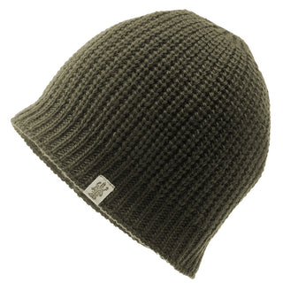 A handmade Cozy Cable Knit beanie in olive green on a white background.