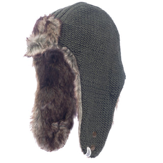 A Winter trapper hat knitted with 100% wool and a faux fur lining.