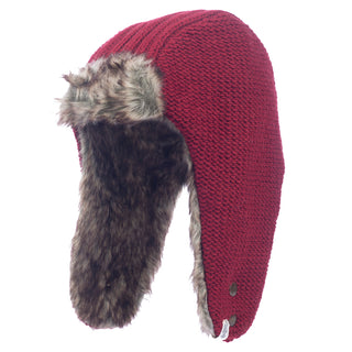 A red Winter trapper hat with a faux fur lining.