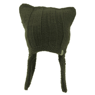 A handmade knitted Illyrian helmet earflap with a cat on it.