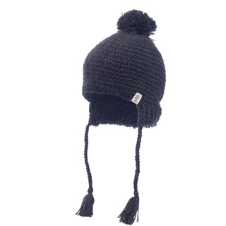 A dark-colored wool knitted beanie with a Verona earflap design, featuring a pom-pom on top and ear flaps with tassels, handmade in Nepal, on a white.