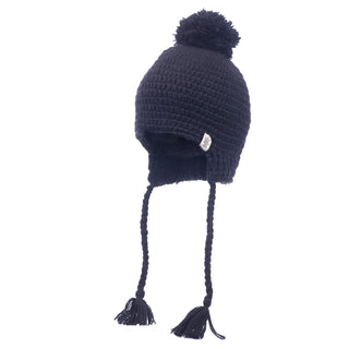 Navy blue knitted winter hat with Verona earflaps and a pom-pom on top, handmade in Nepal, isolated on a white background.