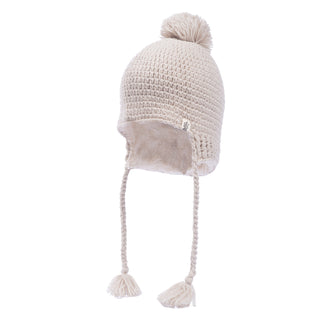 A handmade in Nepal beige wool knitted winter Verona earflap hat with a pompom on top, isolated on a white background.