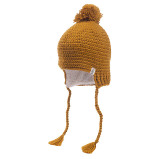 A mustard-colored wool knitted winter Aspen earflap hat with a pom-pom on top, handmade in Nepal, isolated on a white background.