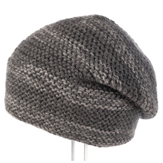 A grey Soft Stripe Slouch beanie on a mannequin.