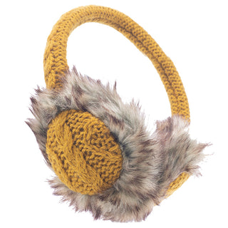 A yellow Cable Knit Adjustable Earmuffs with faux fur and quick charge capability.