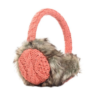A Cable Knit Adjustable Earmuff with faux fur featuring quick charge capability.