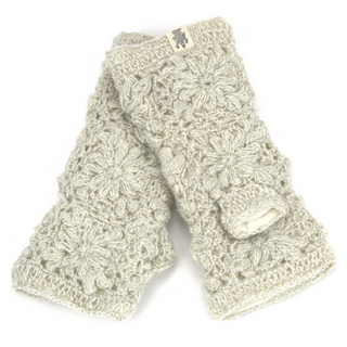 A pair of light grey Metal Vein Fingerless Gloves for women, crocheted from soft merino wool with a floral pattern, stacked on a white background.