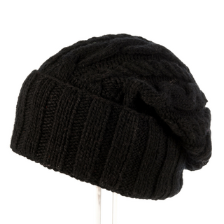 A black wool Folded Slouch knitted beanie hat on a white background.