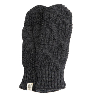 A pair of black Side Cable Knit Mittens from Nepal on a white background.