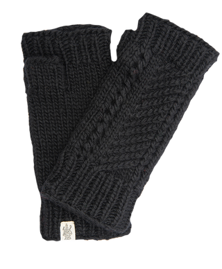 A pair of black knitted diagonal knit handwarmers with a small logo tag.