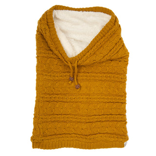 A mustard knitted Lou Neckwarmer with a white merino wool lining.