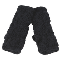 A pair of Flower Hand Crochet Fingerless Gloves with a black, floral crochet pattern are laid side by side on a white background, highlighting the delicate charm of these handmade accessories.