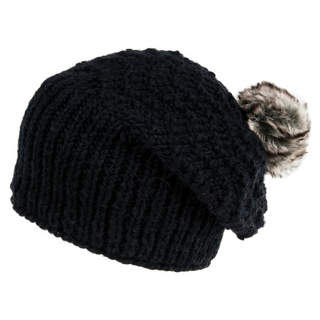 A black C’est Parfait Slouch with Fur Pom hat with a fleece lining.