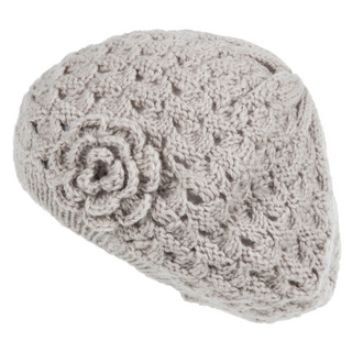 A gray Say It With a Rose Beret hat with a floral pattern on a white background.