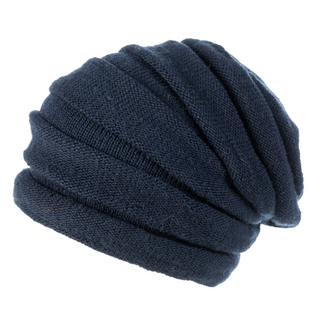 A navy Stripe Tube Slouch beanie on a white background.