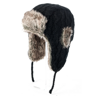 A black and grey Cable Knit Russian Hat with faux fur.