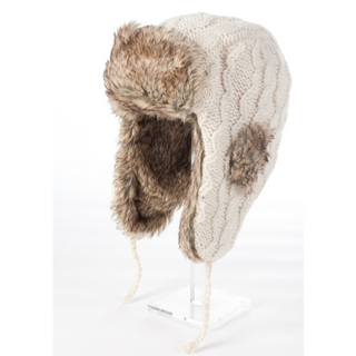 A white and brown Cable Knit Russian Hat with faux fur ear flaps.