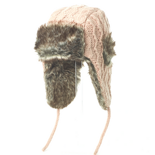 A Cable Knit Russian Hat w/ Faux Fur with faux fur ear flaps.
