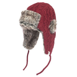 A red Cable Knit Russian Hat with faux fur.