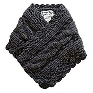 A grey hand-knit Soft Wool Rib Knit Pretty Neck Warmer with a cable knit pattern and button details.