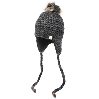A black Chunky Knit Earflap woolen hat with a pom pom.