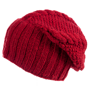 A red oversized cable merino slouch on a white background.