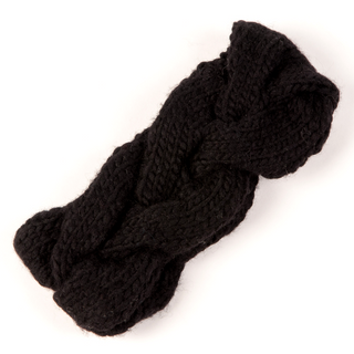 A black knitted wool Braided Headband on a white surface.